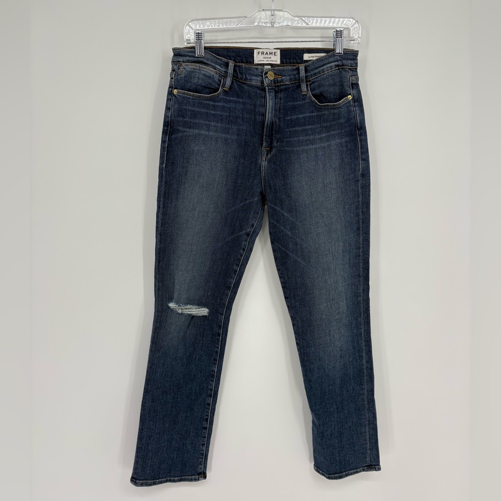 Frame Denim Dark Indigo Straight Leg Jeans with Knee Rip